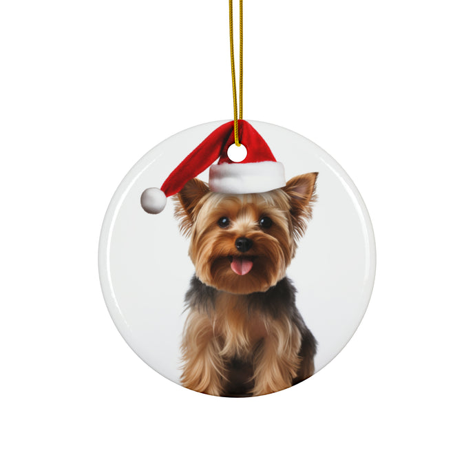 DistinctInk Hanging Ceramic Christmas Tree Ornament with Gold String - Great Gift/Present - 2 3/4 inch Diameter - Silky Terrier Design