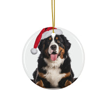 DistinctInk Hanging Ceramic Christmas Tree Ornament with Gold String - Great Gift/Present - 2 3/4 inch Diameter - Greater Swis Mountain Dog Design