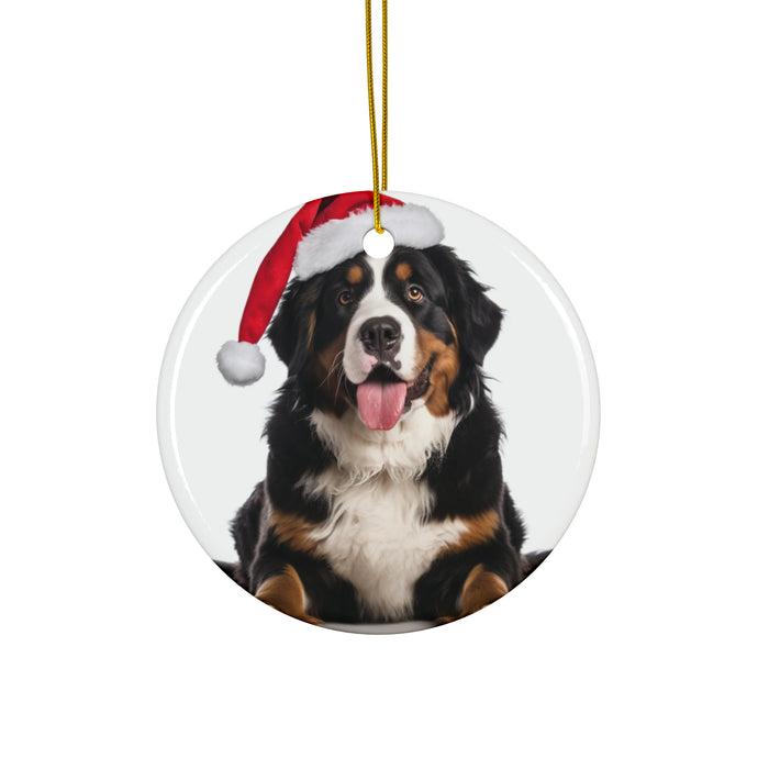 DistinctInk Hanging Ceramic Christmas Tree Ornament with Gold String - Great Gift/Present - 2 3/4 inch Diameter - Greater Swis Mountain Dog Design