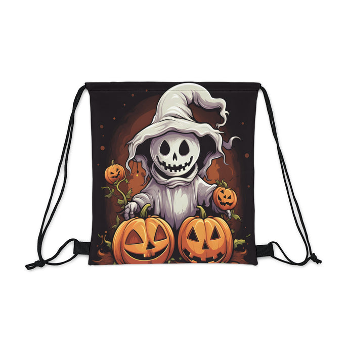 DistinctInk Drawstring Bag / Backpack with Trick or Treat Ghost-O-Lantern Design for Halloween