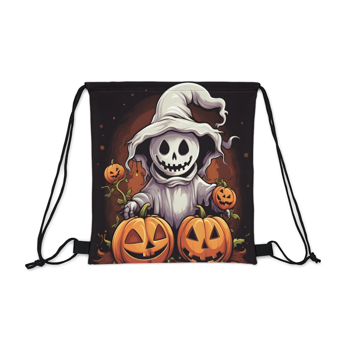 DistinctInk Drawstring Bag / Backpack with Trick or Treat Ghost-O-Lantern Design for Halloween