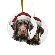 DistinctInk Hanging Ceramic Christmas Tree Ornament with Gold String - Great Gift/Present - 2 3/4 inch Diameter - German Wirehaired Pointer Puppy Drawing Design
