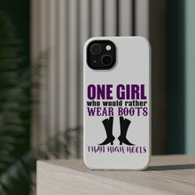 DistinctInk ToughCase for Apple iPhone, Compatible with MagSafe Charging - One Girl Who Would Rather Wear Boots Than Heels