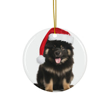 DistinctInk Hanging Ceramic Christmas Tree Ornament with Gold String - Great Gift/Present - 2 3/4 inch Diameter - Finnish Lapphund Design