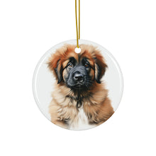 DistinctInk Hanging Ceramic Christmas Tree Ornament with Gold String - Great Gift/Present - 2 3/4 inch Diameter - Leonberger Puppy Drawing Design