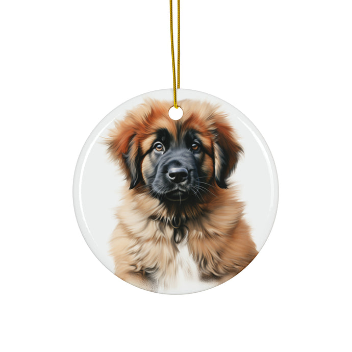 DistinctInk Hanging Ceramic Christmas Tree Ornament with Gold String - Great Gift/Present - 2 3/4 inch Diameter - Leonberger Puppy Drawing Design