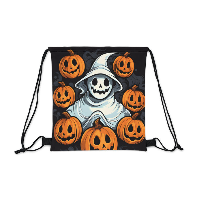 DistinctInk Drawstring Bag / Backpack with Spooky Skeletal Pumpkin Patch Design for Halloween