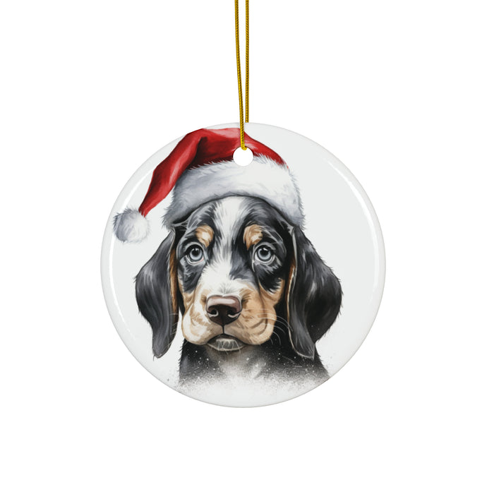 DistinctInk Hanging Ceramic Christmas Tree Ornament with Gold String - Great Gift/Present - 2 3/4 inch Diameter - Bluetick Coonhound Puppy Drawing Design