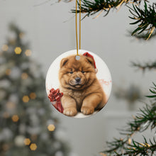 DistinctInk Hanging Ceramic Christmas Tree Ornament with Gold String - Great Gift/Present - 2 3/4 inch Diameter - Chow Chow Puppy Drawing Design