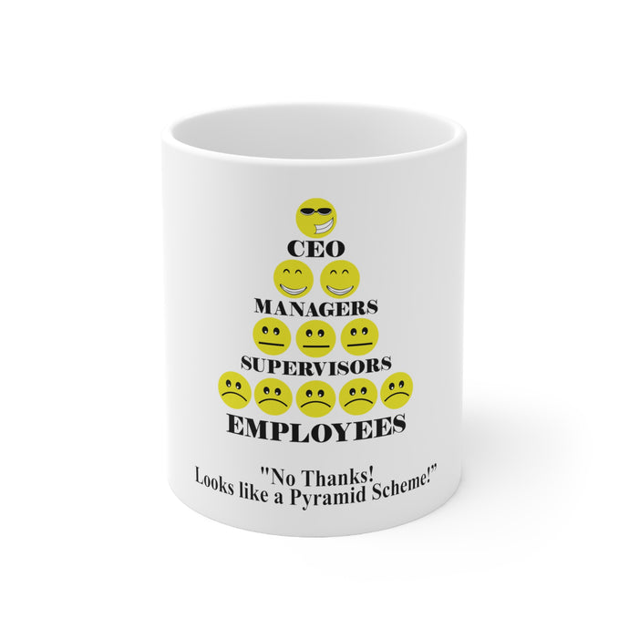DistinctInk Glossy White Coffee / Tea Mug - No Thanks Looks Like a Pyramid Scheme