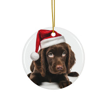 DistinctInk Hanging Ceramic Christmas Tree Ornament with Gold String - Great Gift/Present - 2 3/4 inch Diameter - Field Spaniel Puppy Design