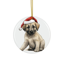 DistinctInk Hanging Ceramic Christmas Tree Ornament with Gold String - Great Gift/Present - 2 3/4 inch Diameter - Anatolian Shepherd Dog Puppy Drawing Design