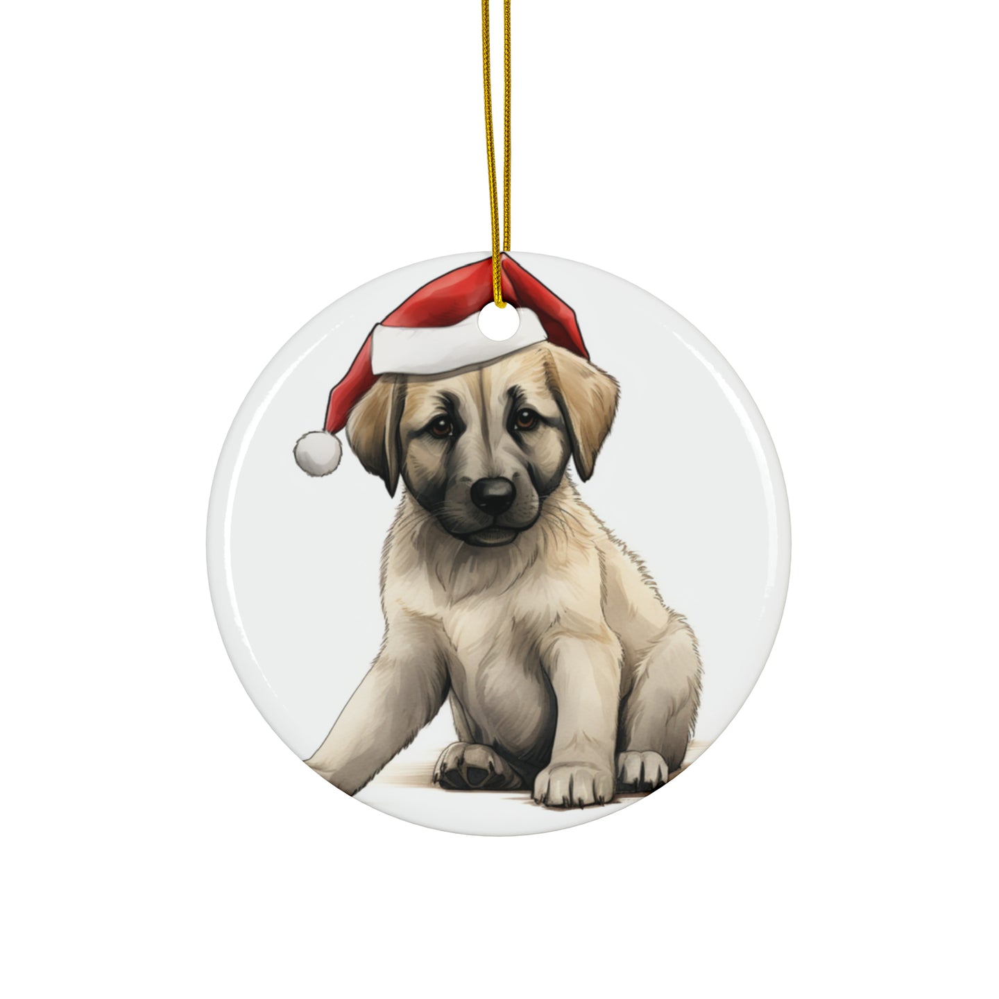 DistinctInk Hanging Ceramic Christmas Tree Ornament with Gold String - Great Gift/Present - 2 3/4 inch Diameter - Anatolian Shepherd Dog Puppy Drawing Design
