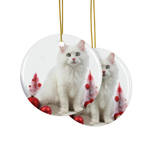 DistinctInk Hanging Ceramic Christmas Tree Ornament with Gold String - Great Gift/Present - 2 3/4 inch Diameter - Turkish Angora Cat Design
