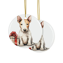 DistinctInk Hanging Ceramic Christmas Tree Ornament with Gold String - Great Gift/Present - 2 3/4 inch Diameter - Miniature Bull Terrier Puppy Drawing Design