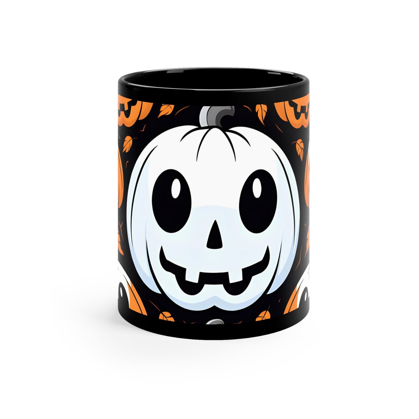 DistinctInk Black Coffee Mug - Ghost Skeleton Cartoon Pumpkin for Halloween