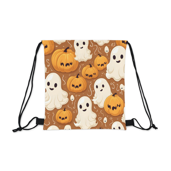 DistinctInk Drawstring Bag / Backpack with Ghastly Skeleton Pumpkin Cartoon Design for Halloween