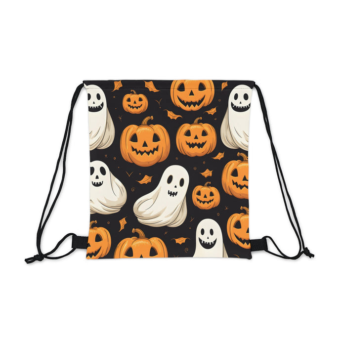 DistinctInk Drawstring Bag / Backpack with Ghastly Skeleton Pumpkin Party Design for Halloween