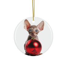 DistinctInk Hanging Ceramic Christmas Tree Ornament with Gold String - Great Gift/Present - 2 3/4 inch Diameter - Sphynx Kitten Design
