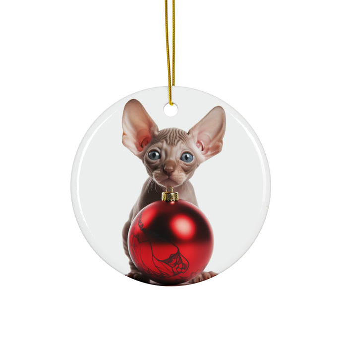 DistinctInk Hanging Ceramic Christmas Tree Ornament with Gold String - Great Gift/Present - 2 3/4 inch Diameter - Sphynx Kitten Design