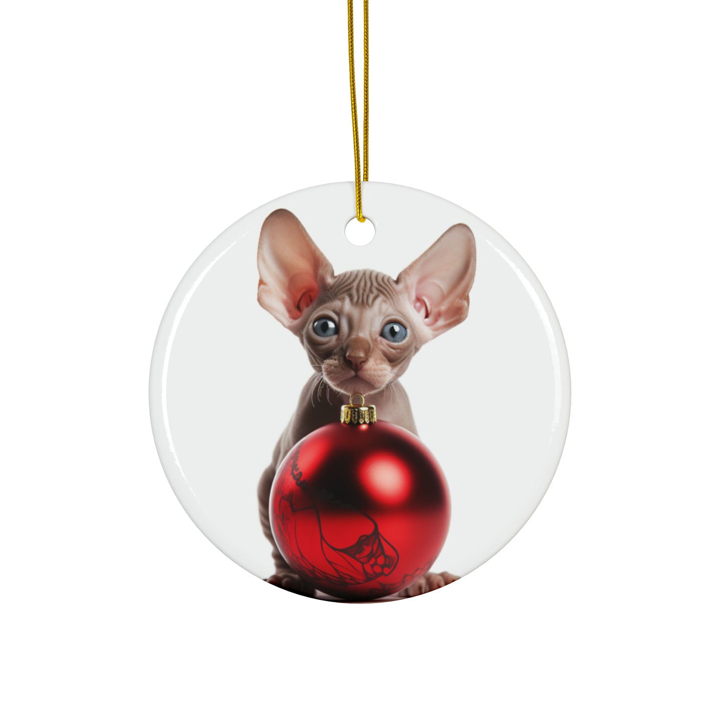 DistinctInk Hanging Ceramic Christmas Tree Ornament with Gold String - Great Gift/Present - 2 3/4 inch Diameter - Sphynx Kitten Design