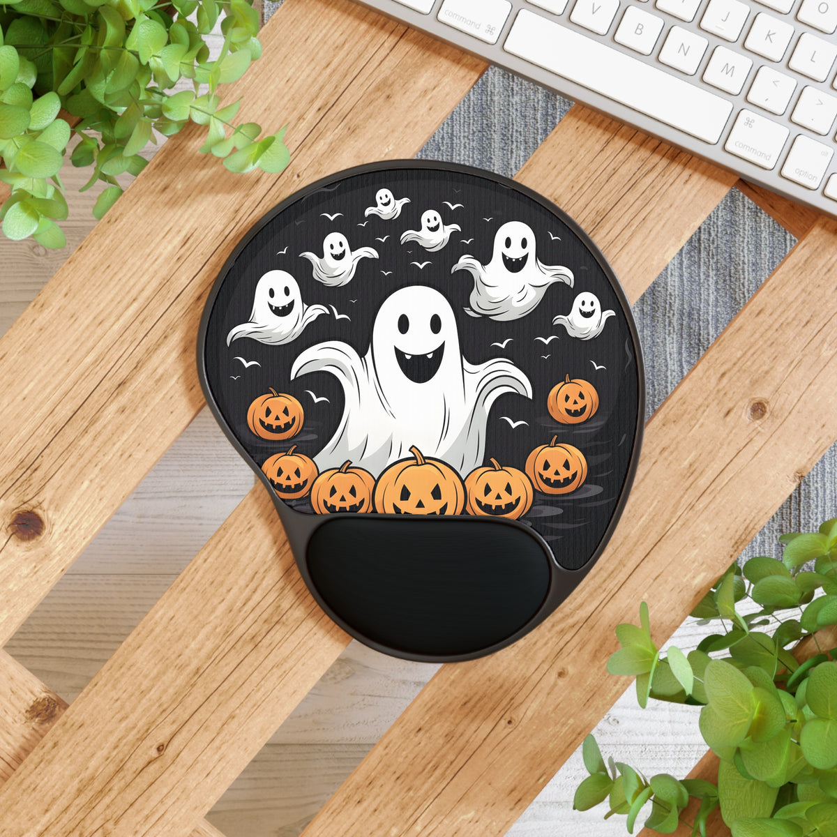 Mouse Pad with Wrist Rest with Skeletal Ghostly Pumpkin Patch Design for Halloween, view 4