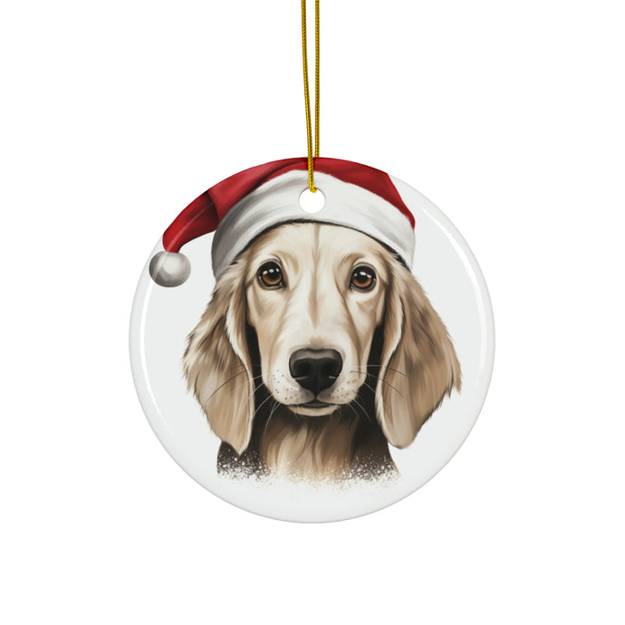 DistinctInk Hanging Ceramic Christmas Tree Ornament with Gold String - Great Gift/Present - 2 3/4 inch Diameter - Saluki Puppy Drawing Design