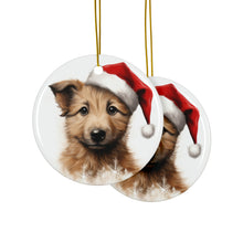 DistinctInk Hanging Ceramic Christmas Tree Ornament with Gold String - Great Gift/Present - 2 3/4 inch Diameter - Berger Picard Puppy Drawing Design