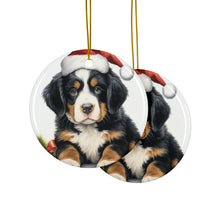DistinctInk Hanging Ceramic Christmas Tree Ornament with Gold String - Great Gift/Present - 2 3/4 inch Diameter - Bernese Mountain Dog Puppy Drawing Design