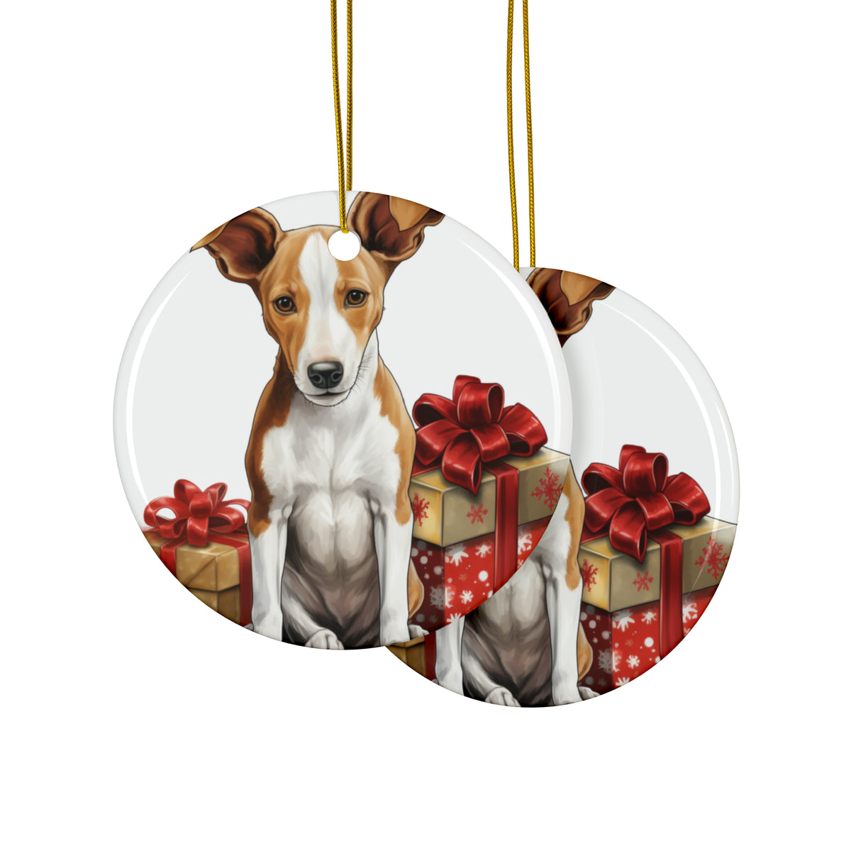 Hanging Ceramic Christmas Tree Ornament with Gold String - Ibizan Hound Puppy Drawing Design, view 2