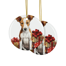 DistinctInk Hanging Ceramic Christmas Tree Ornament with Gold String - Great Gift/Present - 2 3/4 inch Diameter - Ibizan Hound Puppy Drawing Design
