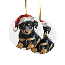 DistinctInk Hanging Ceramic Christmas Tree Ornament with Gold String - Great Gift/Present - 2 3/4 inch Diameter - Beauceron Puppy Drawing Design