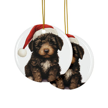 DistinctInk Hanging Ceramic Christmas Tree Ornament with Gold String - Great Gift/Present - 2 3/4 inch Diameter - Barbet Puppy Drawing Design