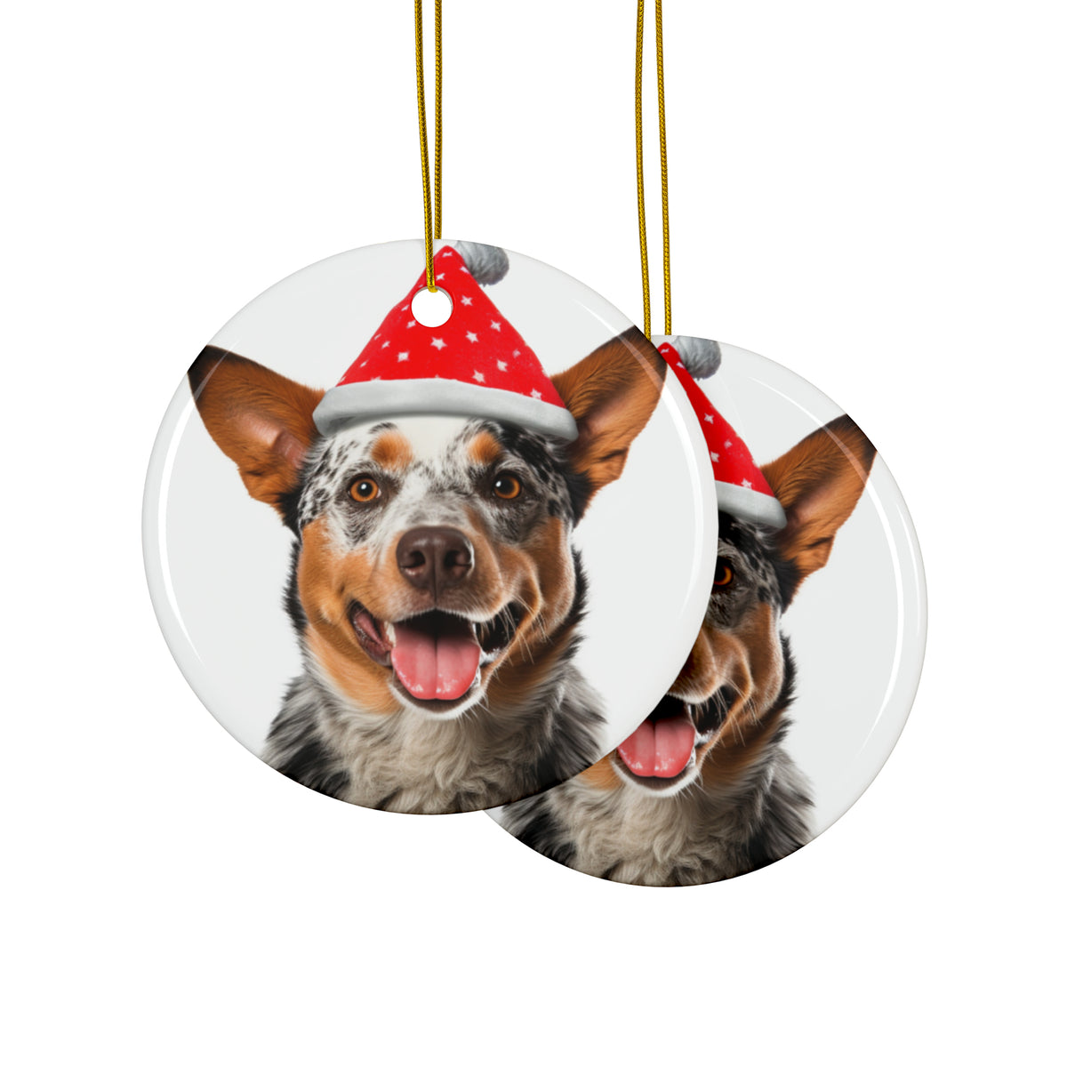 Hanging Ceramic Christmas Tree Ornament with Gold String - Australian Cattle Dog Design, view 2