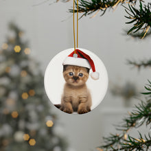 DistinctInk Hanging Ceramic Christmas Tree Ornament with Gold String - Great Gift/Present - 2 3/4 inch Diameter - Havana Brown Kitten Design