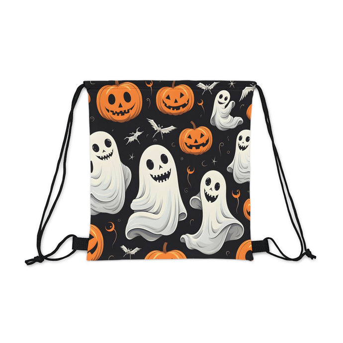 DistinctInk Drawstring Bag / Backpack with Spooky Skeleton Pumpkin Patch Design for Halloween