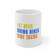 DistinctInk Glossy White Coffee / Tea Mug - Eat Beer Drink Bikes Ride Tacos