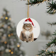DistinctInk Hanging Ceramic Christmas Tree Ornament with Gold String - Great Gift/Present - 2 3/4 inch Diameter - Siberian Cat Design