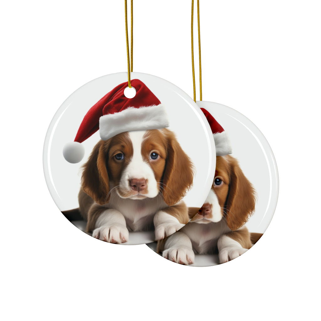 Hanging Ceramic Christmas Tree Ornament with Gold String - Welsh Springer Spaniel Puppy Design, view 2