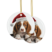 DistinctInk Hanging Ceramic Christmas Tree Ornament with Gold String - Great Gift/Present - 2 3/4 inch Diameter - Welsh Springer Spaniel Puppy Design