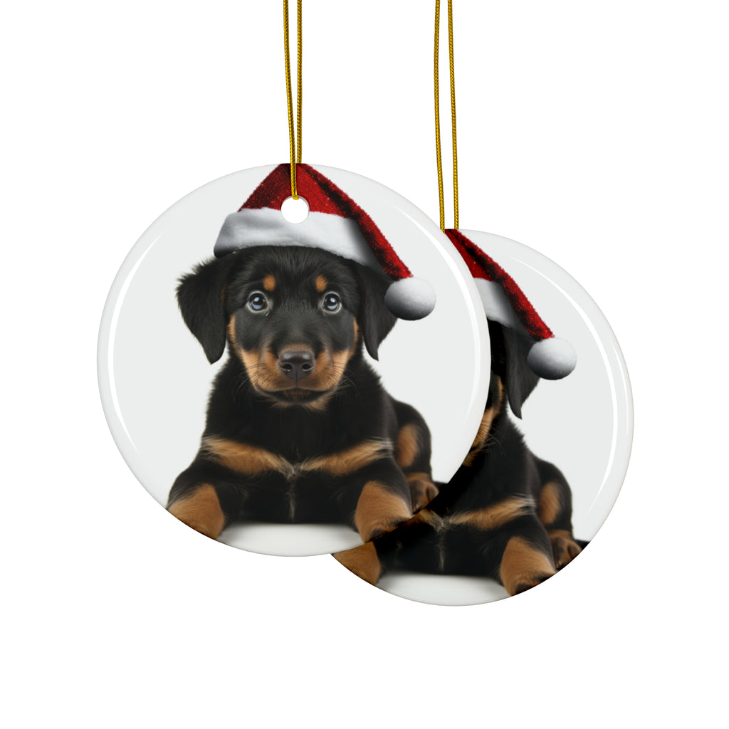 Hanging Ceramic Christmas Tree Ornament with Gold String - Beauceron Puppy Design, view 2