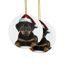 DistinctInk Hanging Ceramic Christmas Tree Ornament with Gold String - Great Gift/Present - 2 3/4 inch Diameter - Beauceron Puppy Design