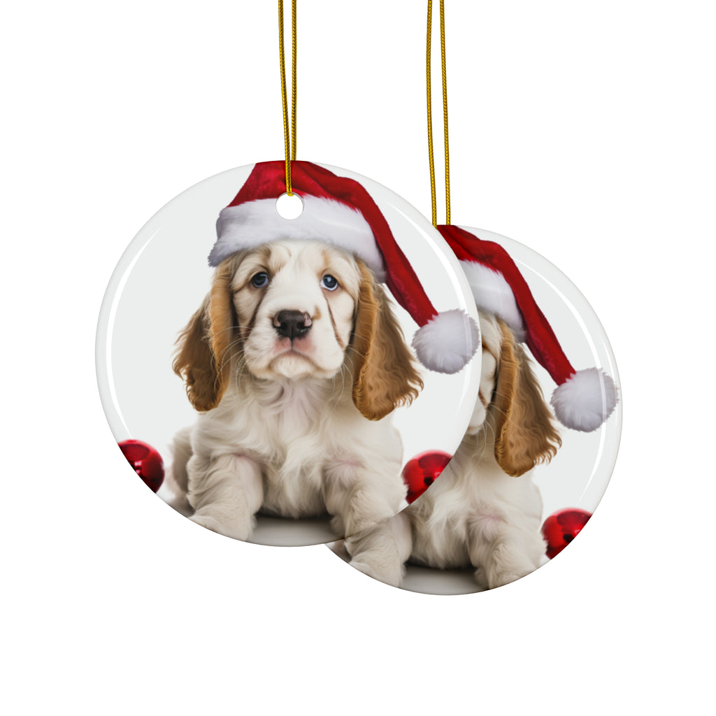 Hanging Ceramic Christmas Tree Ornament with Gold String - Clumber Spaniel Puppy Design, view 2