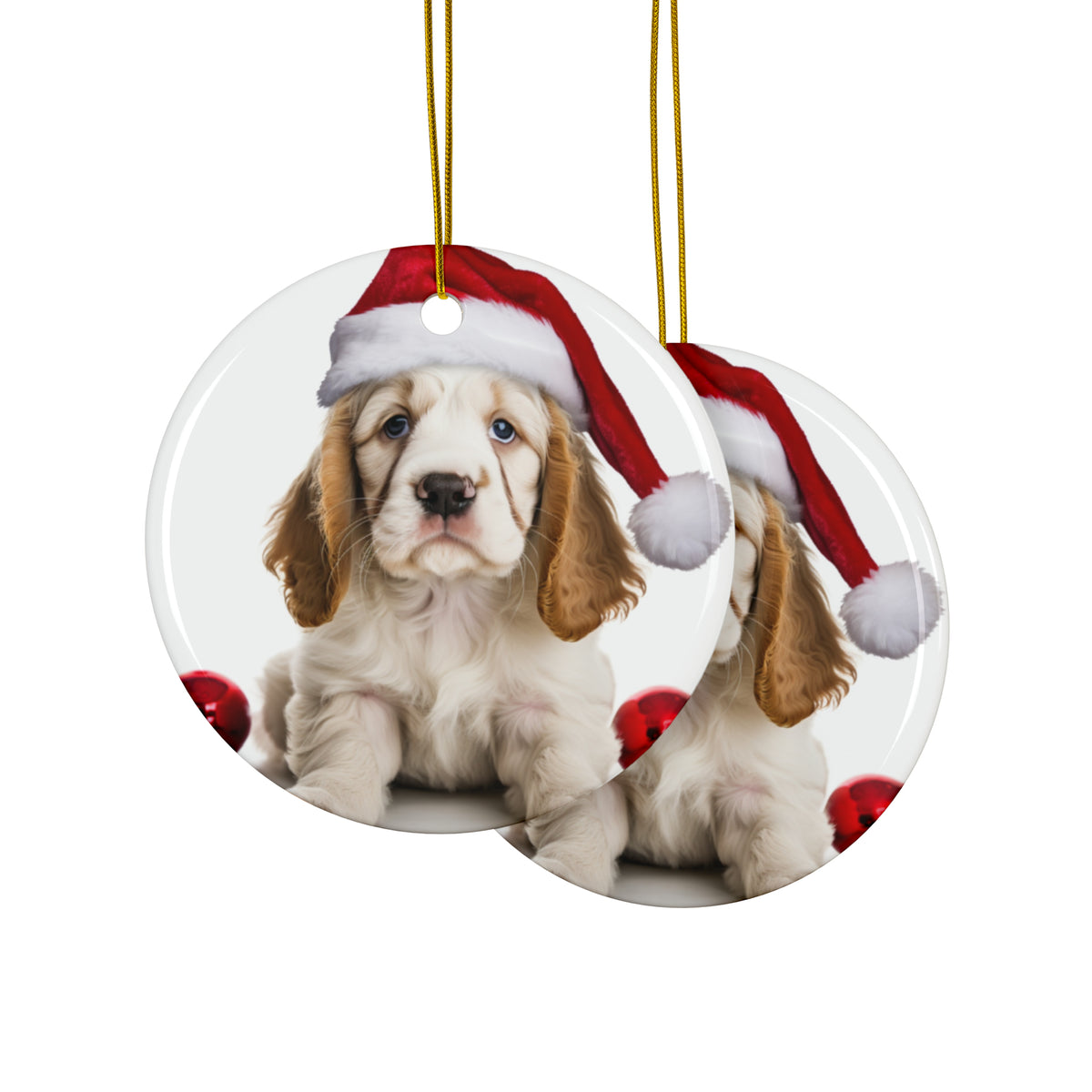 Hanging Ceramic Christmas Tree Ornament with Gold String - Clumber Spaniel Puppy Design, view 2