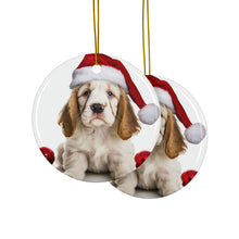 DistinctInk Hanging Ceramic Christmas Tree Ornament with Gold String - Great Gift/Present - 2 3/4 inch Diameter - Clumber Spaniel Puppy Design