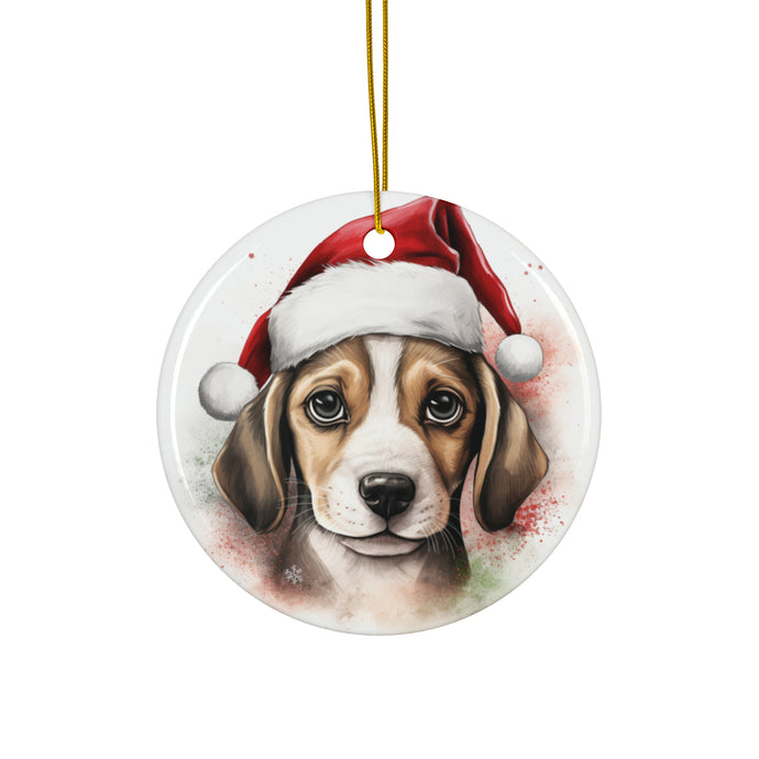 DistinctInk Hanging Ceramic Christmas Tree Ornament with Gold String - Great Gift/Present - 2 3/4 inch Diameter - Beagle Puppy Drawing Design