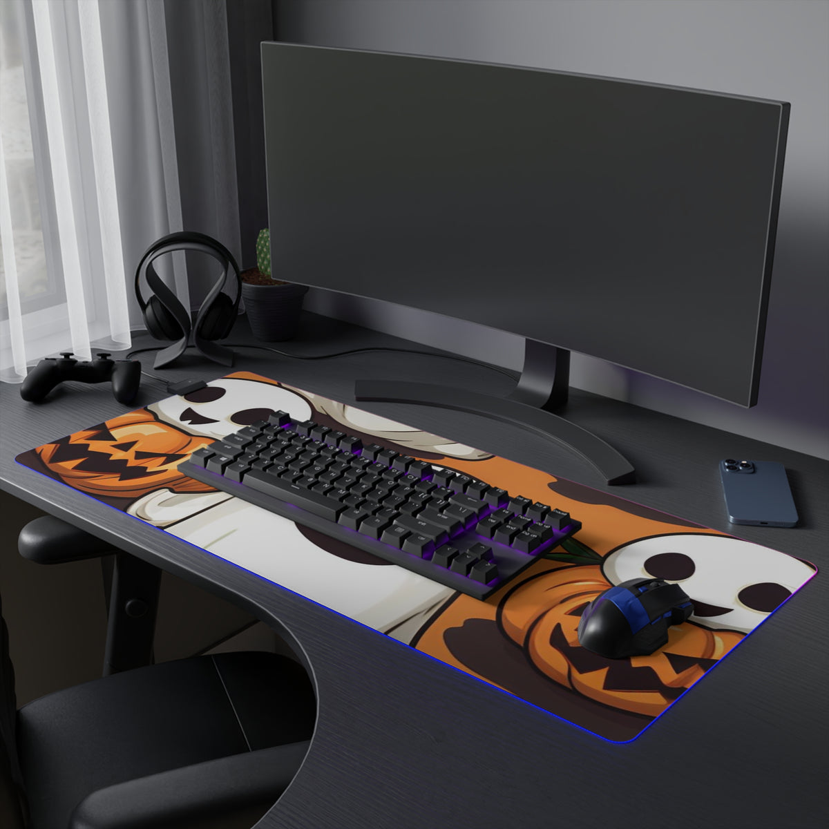 LED Gaming Mouse Pad with Skeletal Ghost in a Pumpkin Design for Halloween, view 27