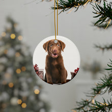 DistinctInk Hanging Ceramic Christmas Tree Ornament with Gold String - Great Gift/Present - 2 3/4 inch Diameter - Chesapeake Bay Retriever Puppy Design