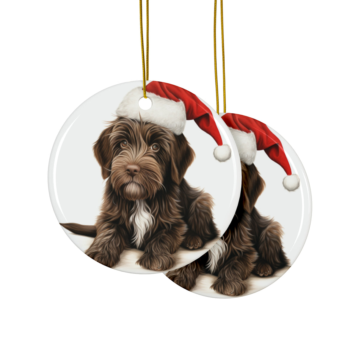 Hanging Ceramic Christmas Tree Ornament with Gold String - Wirehaired Pointing Griffon Puppy Drawing Design, view 2