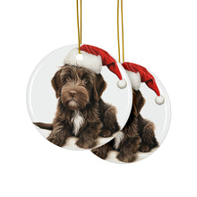 DistinctInk Hanging Ceramic Christmas Tree Ornament with Gold String - Great Gift/Present - 2 3/4 inch Diameter - Wirehaired Pointing Griffon Puppy Drawing Design